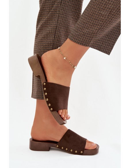 Women's Flat Sandals with Gold Buckles Chocolate Girella