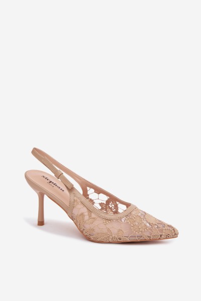 Women's High Heeled Sandals With Lace Dark Beige Pelivelle 2