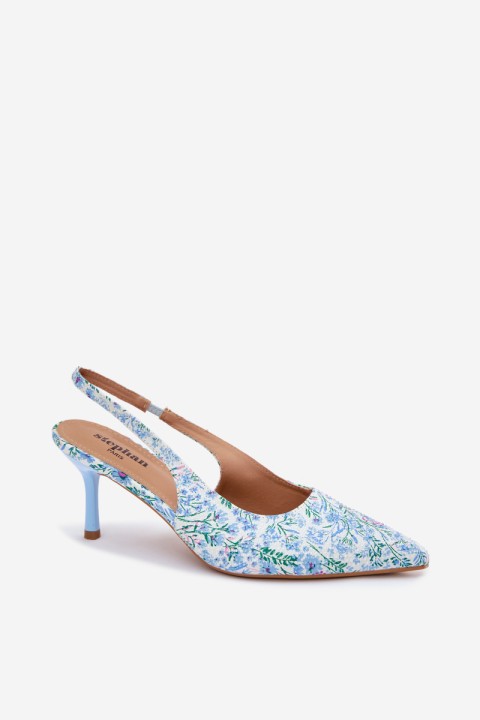 Embellished Women's Heeled Sandals With Flowers Blue Olivelle