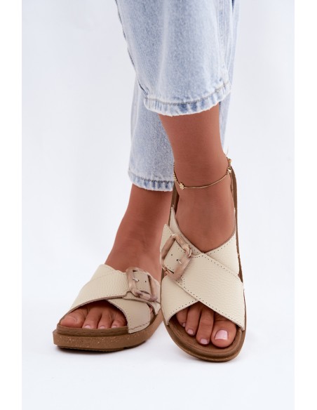 Leather Women's Slippers With Buckle Inblu ED0003IU Beige