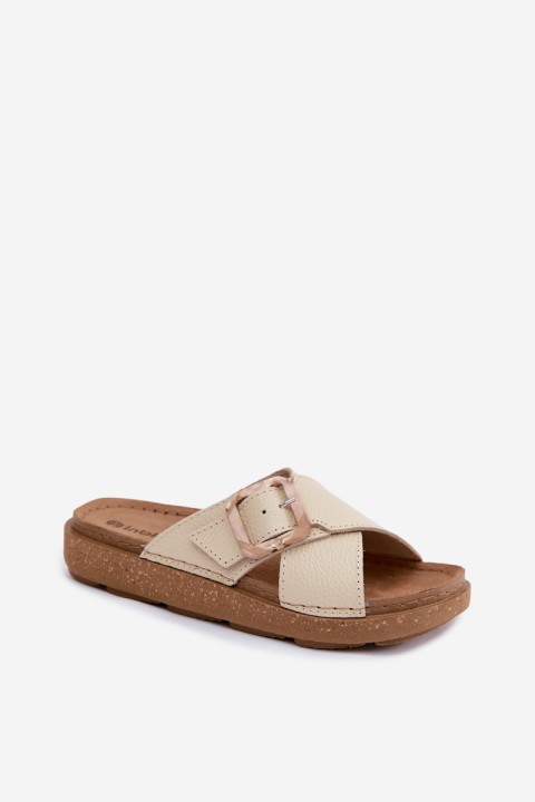 Leather Women's Slippers With Buckle Inblu ED0003IU Beige