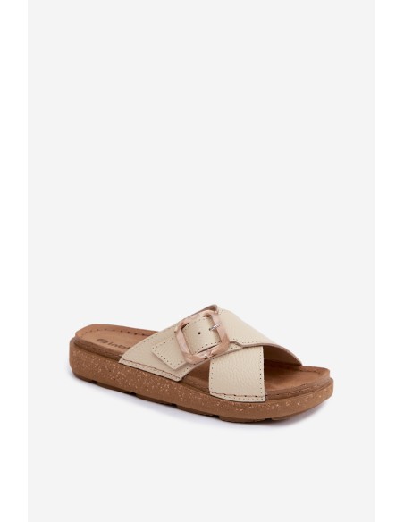Leather Women's Slippers With Buckle Inblu ED0003IU Beige