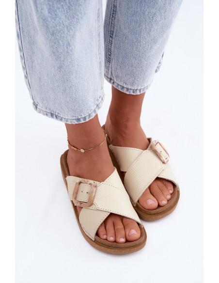 Leather Women's Slippers With Buckle Inblu ED0003IU Beige