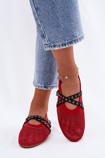 Mesh Flat Red Ballerinas With Straps Salliroe