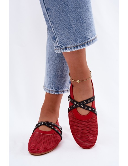 Mesh Flat Red Ballerinas With Straps Salliroe
