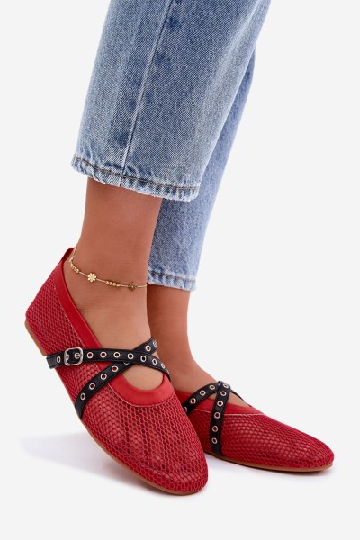 Mesh Flat Red Ballerinas With Straps Salliroe 2