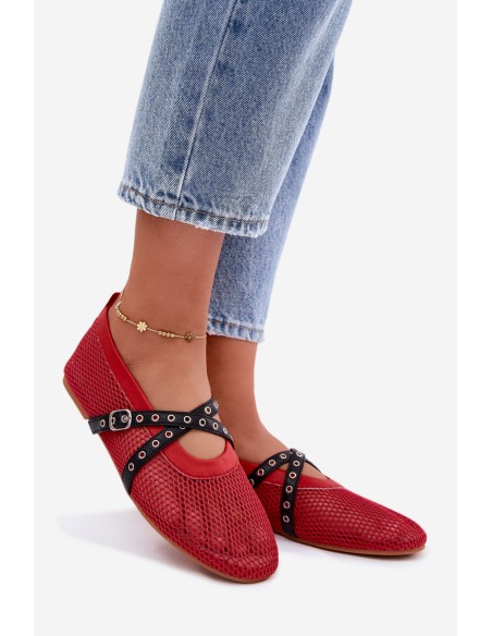 Mesh Flat Red Ballerinas With Straps Salliroe