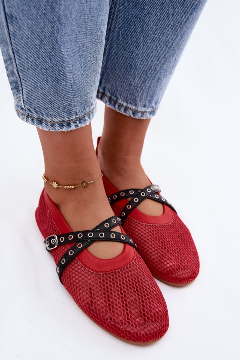Mesh Flat Red Ballerinas With Straps Salliroe