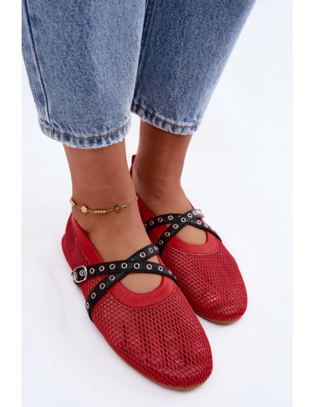 Mesh Flat Red Ballerinas With Straps Salliroe