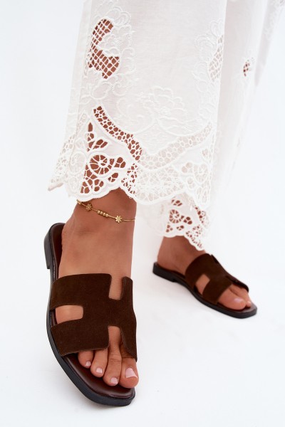 Leather Suede Women's Flat Cutout Chocolate Sunelle Slides