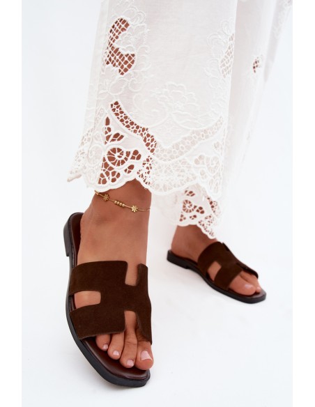 Leather Suede Women's Flat Cutout Chocolate Sunelle Slides
