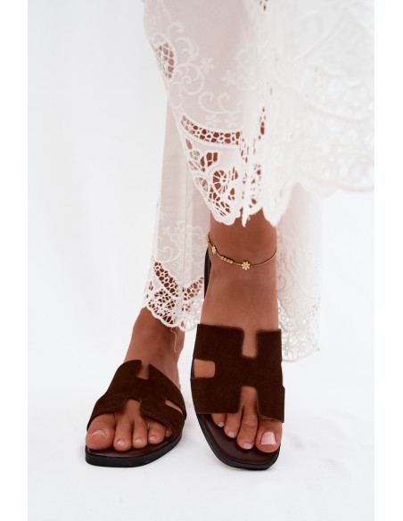 Leather Suede Women's Flat Cutout Chocolate Sunelle Slides