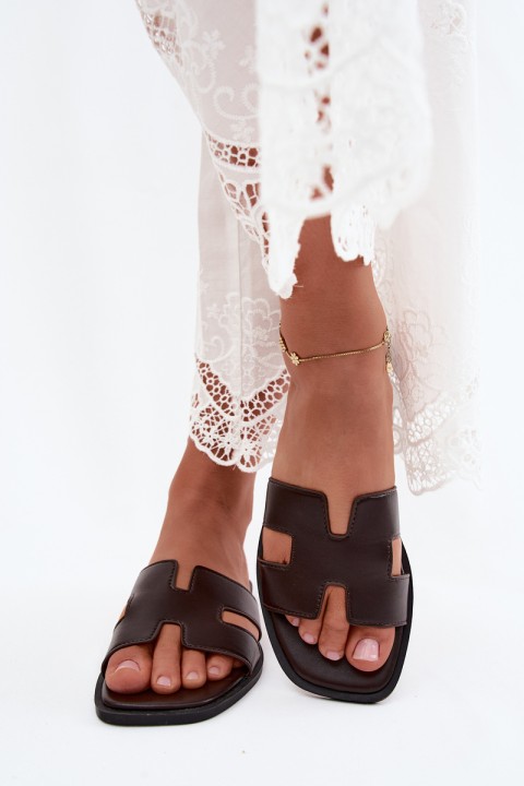 Women's Flat Cut-Out Chocolate Faux Leather Sandals Santoria