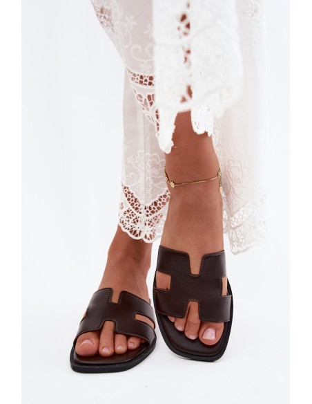 Women's Flat Cut-Out Chocolate Faux Leather Sandals Santoria