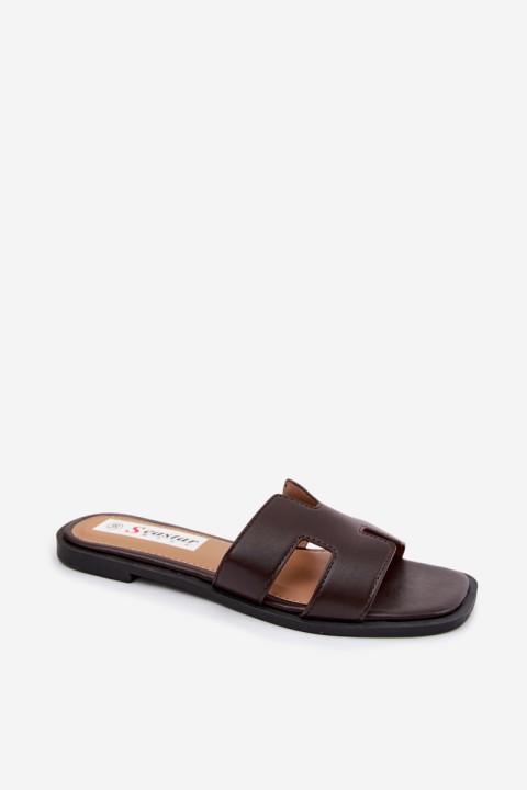 Women's Flat Cut-Out Chocolate Faux Leather Sandals Santoria