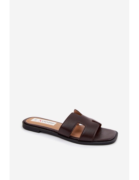 Women's Flat Cut-Out Chocolate Faux Leather Sandals Santoria