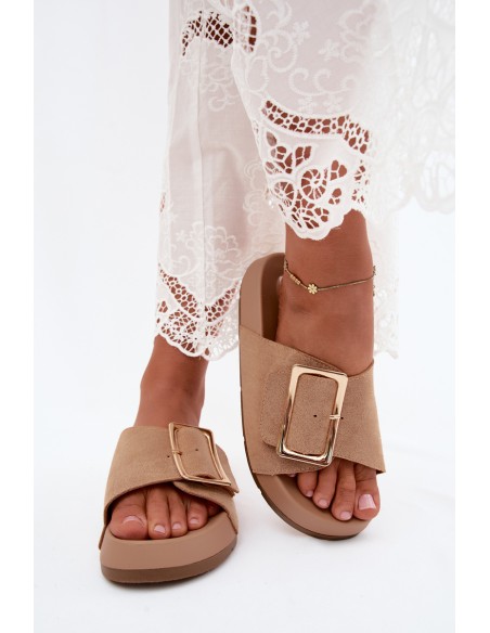 Women's Beige Slides With Gold Buckle On Platform Faux Suede Coralora