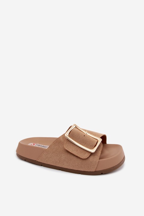Women's Beige Slides With Gold Buckle On Platform Faux Suede Coralora