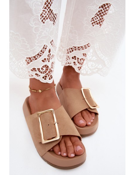 Women's Beige Slides With Gold Buckle On Platform Faux Suede Coralora