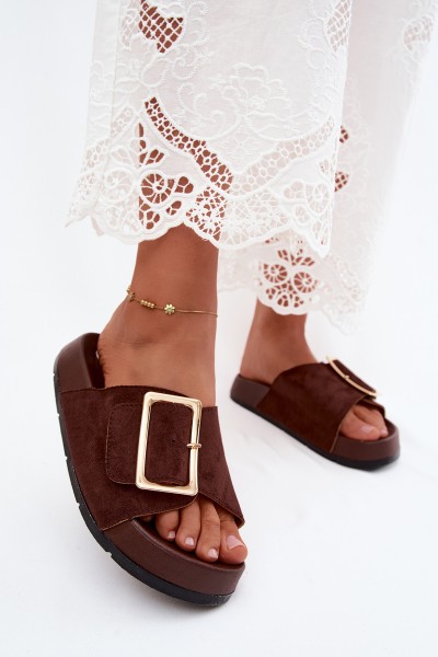 Women's Platform Slides With Gold Buckle Faux Suede Chocolate Coralora