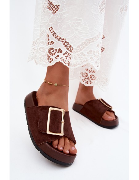 Women's Platform Slides With Gold Buckle Faux Suede Chocolate Coralora