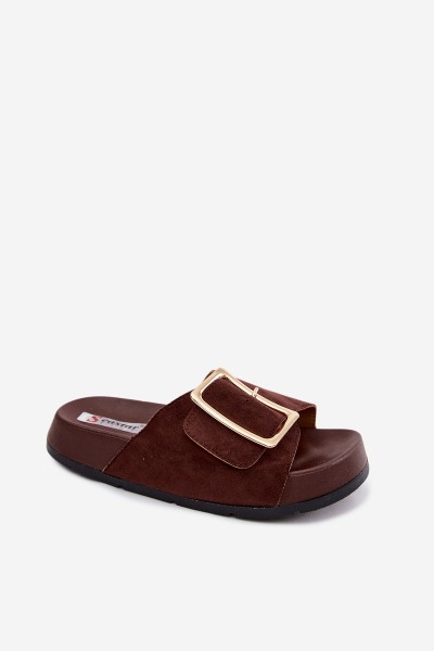 Women's Platform Slides With Gold Buckle Faux Suede Chocolate Coralora 2