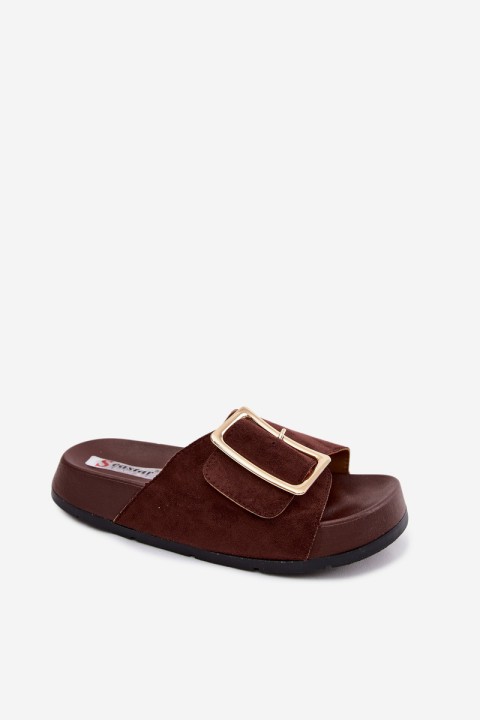 Women's Platform Slides With Gold Buckle Faux Suede Chocolate Coralora