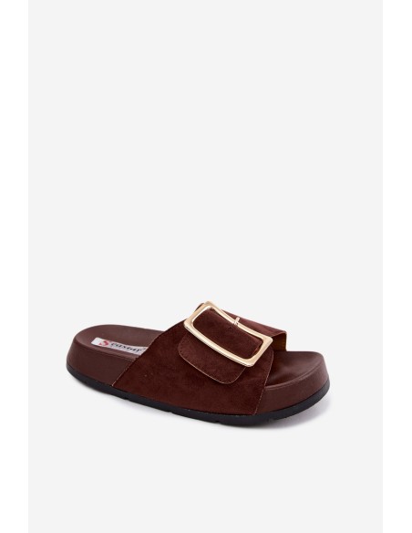 Women's Platform Slides With Gold Buckle Faux Suede Chocolate Coralora