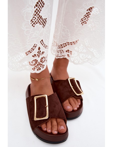 Women's Platform Slides With Gold Buckle Faux Suede Chocolate Coralora