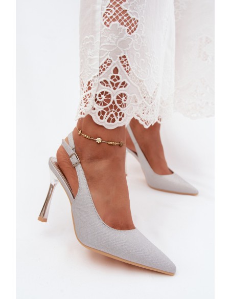 Brocade High Heels With Open Heel Silver Mercella