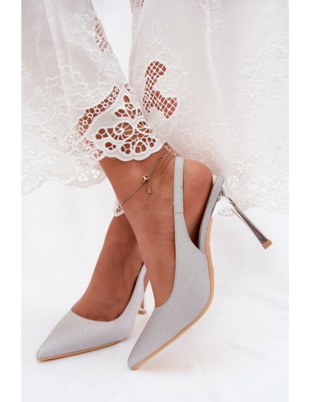 Brocade High Heels With Open Heel Silver Mercella