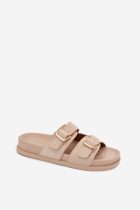 Women's Beige Slippers With Gold Buckles Pelorin