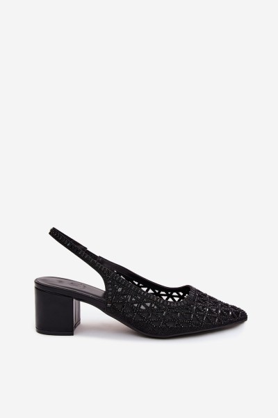 Mesh Embellished High Heeled Black Sandals Marshina
