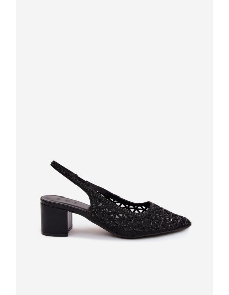 Mesh Embellished High Heeled Black Sandals Marshina