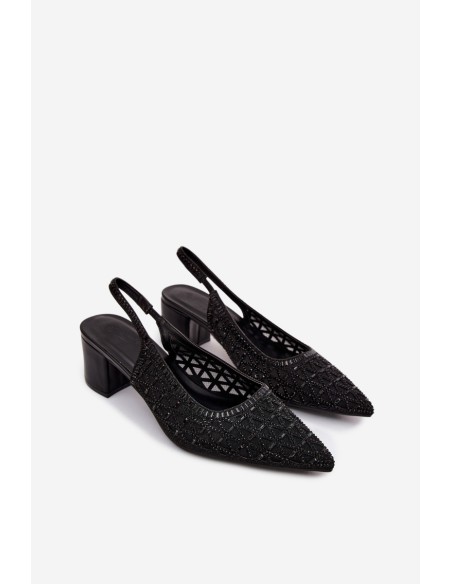Mesh Embellished High Heeled Black Sandals Marshina