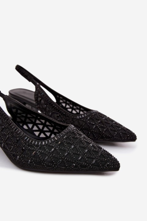 Mesh Embellished High Heeled Black Sandals Marshina