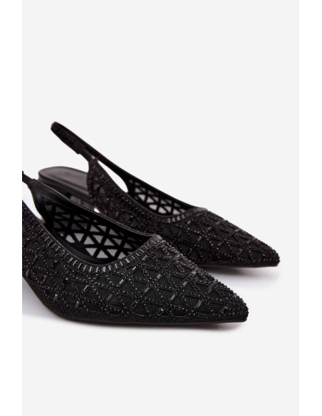 Mesh Embellished High Heeled Black Sandals Marshina