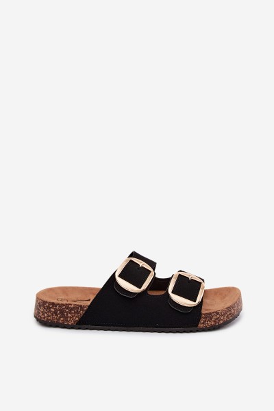 Women's Slides With Buckles On Cork Sole Black Bubbelia