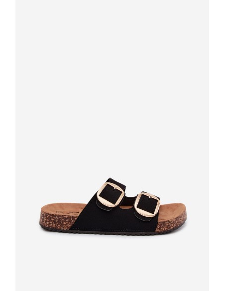 Women's Slides With Buckles On Cork Sole Black Bubbelia