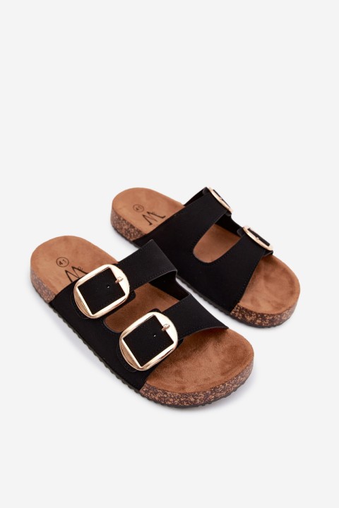 Women's Slides With Buckles On Cork Sole Black Bubbelia
