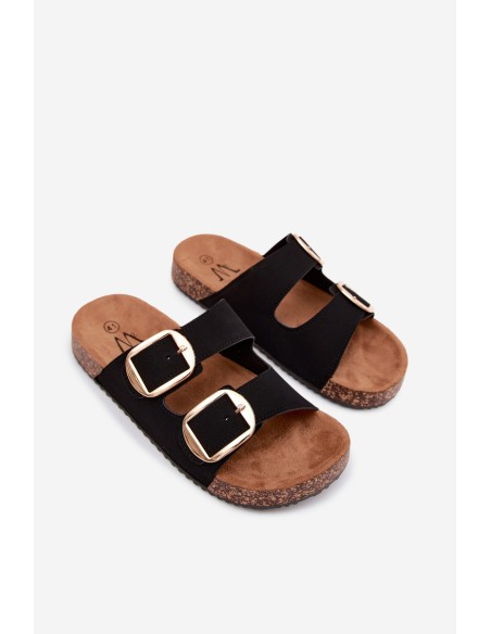 Women's Slides With Buckles On Cork Sole Black Bubbelia