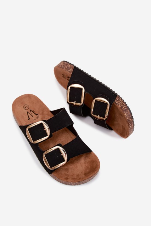 Women's Slides With Buckles On Cork Sole Black Bubbelia