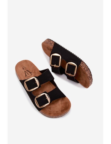 Women's Slides With Buckles On Cork Sole Black Bubbelia