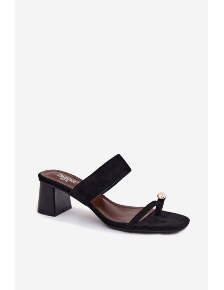 Women's Block Heel Sandals With Gold Detail Faux Suede Black Dakotelle