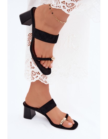 Women's Block Heel Sandals With Gold Detail Faux Suede Black Dakotelle