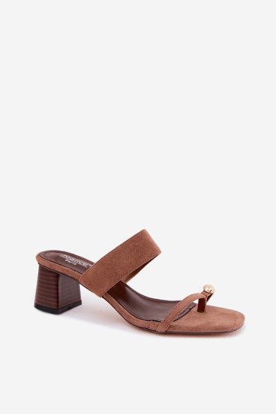 Women's Block Heel Sandals With Gold Detail Faux Suede Brown Dakotelle