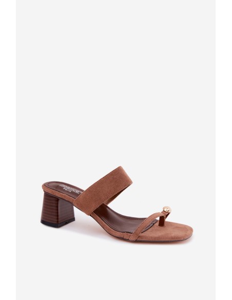 Women's Block Heel Sandals With Gold Detail Faux Suede Brown Dakotelle