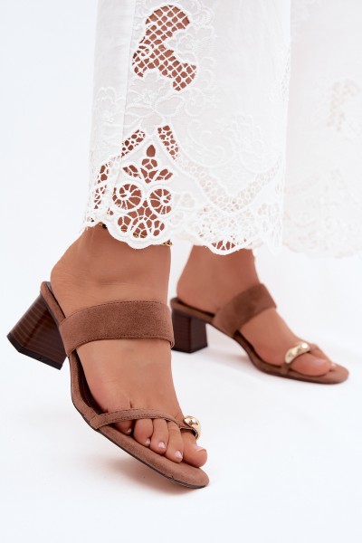 Women's Block Heel Sandals With Gold Detail Faux Suede Brown Dakotelle 2