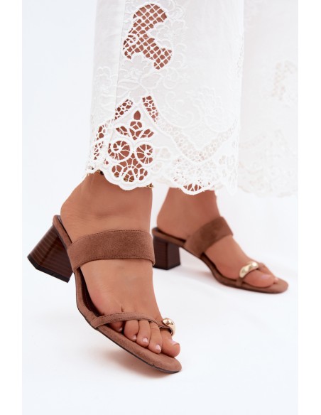 Women's Block Heel Sandals With Gold Detail Faux Suede Brown Dakotelle