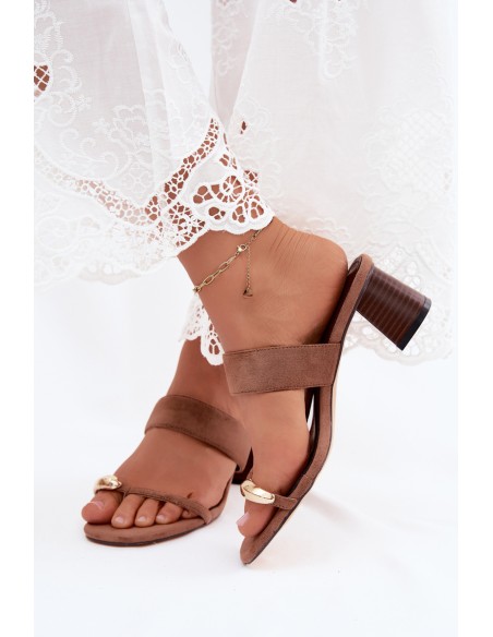 Women's Block Heel Sandals With Gold Detail Faux Suede Brown Dakotelle